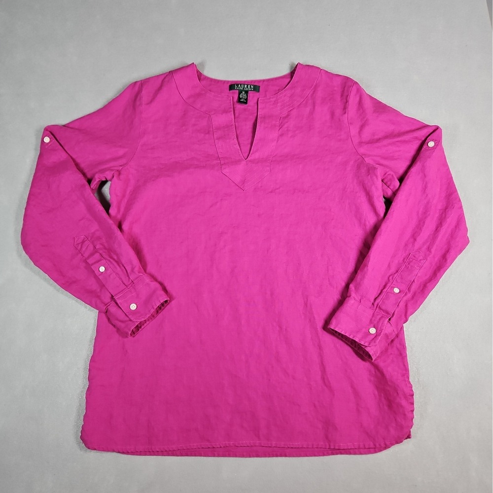 Lauren Ralph Lauren Womens Pink Linen V Neck Long Sleeve Blouse Size Medium